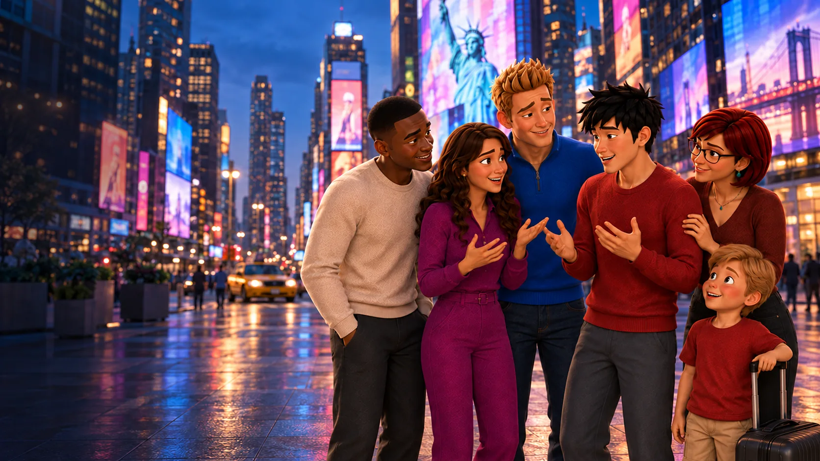 Personagens da United conversando na Times Square iluminada, em Nova York