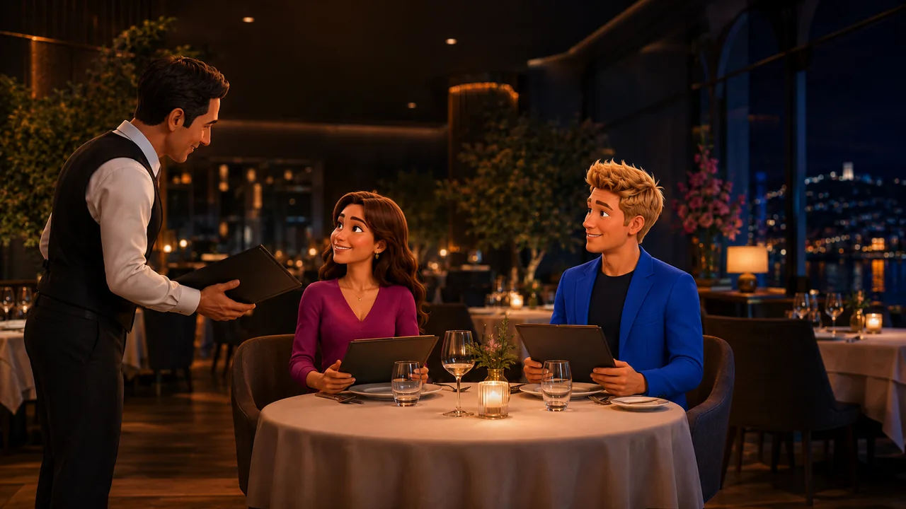 Personagens escolhem o jantar e conversam com o garçom
