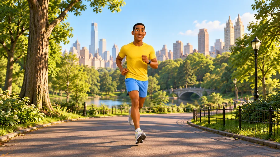 Dean corre pelo parque com os prédios de Nova York ao fundo