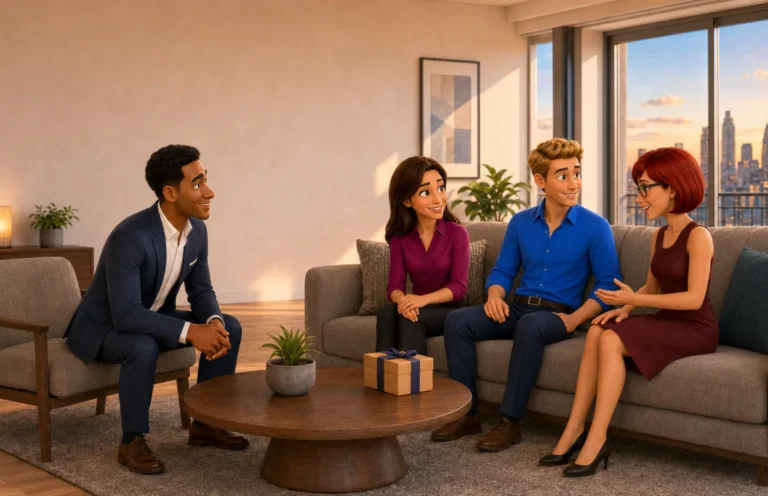 Personagens das histórias da United conversando em uma sala, com Nova York ao fundo
