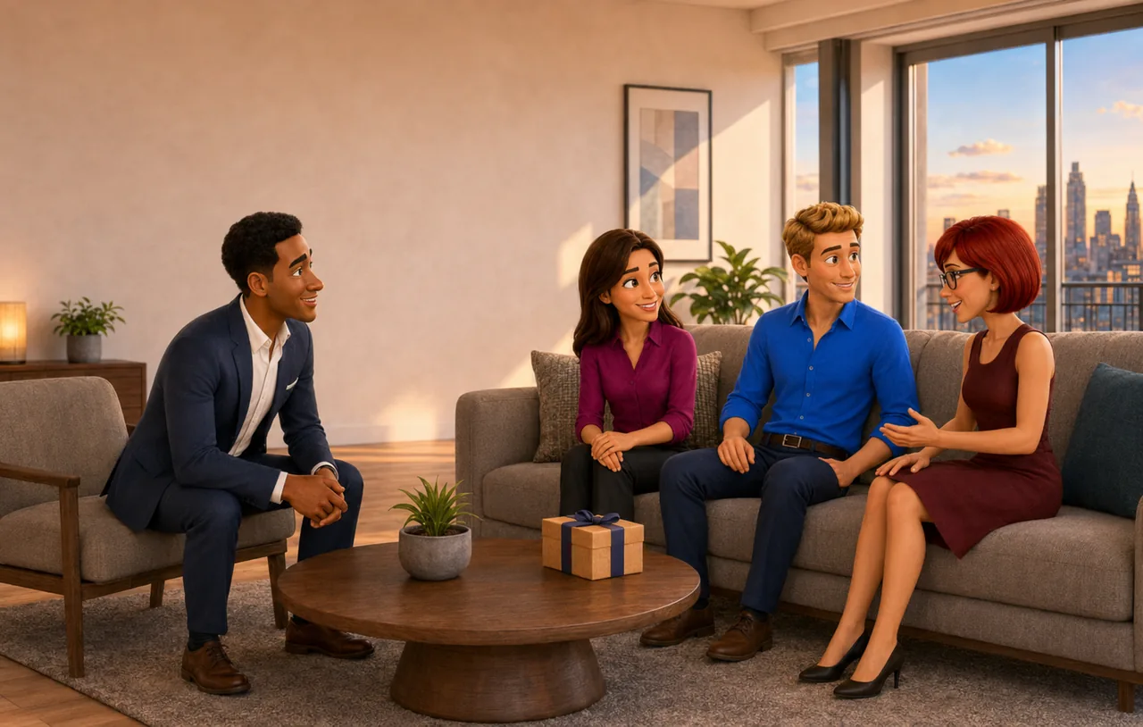 Personagens das histórias da United conversando em uma sala, com Nova York ao fundo